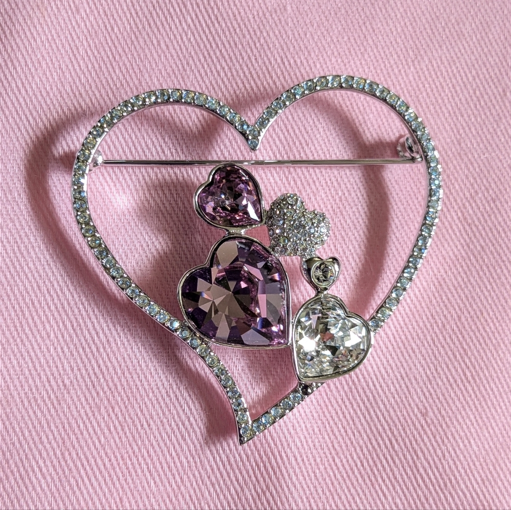 Swarovski brooch with purple hearts